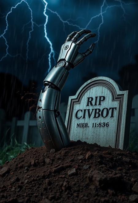 **"A dark cemetery scene at night, with a dramatic sky filled with lightning and heavy rain. In the foreground, a robot's arm is protruding from the ground, reaching upward as if trying to escape, with dirt and soil flying around as if recently disturbed. The arm is metallic and detailed, showing signs of rust and wear. Behind the arm, a weathered tombstone reads 'RIP Civbot' in an eerie font. The atmosphere is eerie and haunting, conveying a sense of mystery and tension, with shadows and mist adding depth to the scene."**