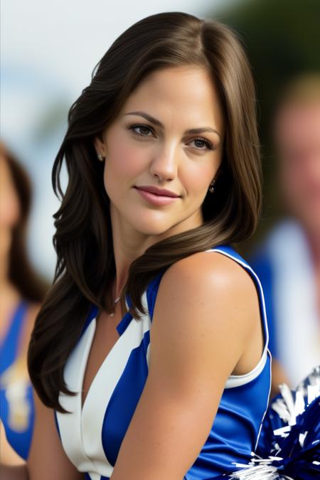 a photograph of brunette (LylaGarrity:0.99), Wearing a blue and white (cheerleader's vest:1.2) with a (blue ribbon in her hair:1.2), (tight hairbun:1.1), with a stadium in the background, (lips:0.553992509841919),(portrait:0.4834848940372467),(brown hair:0.35802650451660156), (realistic:0.9784675240516663),(brown eyes:0.9084325671195984), (short hair:0.41702601313591003),(looking at viewer:0.5157393217086792),(solo:0.9111350178718567), detailed face, high quality, 8k uhd, leica 50mm