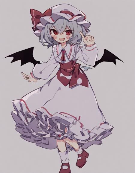 remilia scarlet, 1girl, bat wings, black wings, blush stickers, evil smile, full body, grey hair, hat, hat ribbon, long sleeves, mob cap, open mouth, red eyes, red footwear, red ribbon, ribbon, shirt, shoes, short hair, simple background, skirt, smile, socks, solo, standing, v-shaped eyebrows, white background, white headwear, white shirt, white skirt, white socks, wings, <lora:Style_-_kame_kamepan44231-000001>