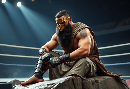 Create a highly detailed portrait of a bearded man in a modern toga, sitting on a rock in an MMA southpaw stance, with a bronze face mask and clear armor. The image should be in the style of Gaston Bussiere, Bayard Wu, Greg Rutkowski, and Giger, with a sharp focus, golden ratio illustration, and lifelike details. The man should be resting after a hard fight, with a flexed and built physique. The background should be a dimly lit room with a ring. The desired output is an ultra-detailed, 16k, HQ image with micro details, reminiscent of a stylized masterpiece. Use the works of Maxim Verehin and Greg Rutkowski as references.