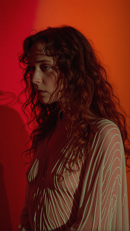 suspiria, cinematic.
A woman with tousled, wavy hair is captured in a moment of introspection, her face partially obscured by the shadows. She wears a translucent, light-colored garment that billows around her, and her skin is painted with streaks of what appears to be red or crimson. The background is awash with a gradient of warm colors, transitioning from deep reds to soft oranges, creating an ambiance of mystery and emotion.
<lora:suspiria-SDXL-v1:1>