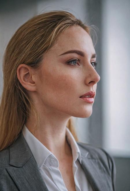 closeup photo of sensual East-European woman, cleavage, luxury office, early morning, (veins, skin pores, natural skin texture:0.55),