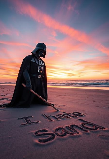 photo of darth vader writing in the sand on the beach with a stick, the text reads "I hate sand", at dusk under a beautiful sky with pink violet and orange lines in the clouds