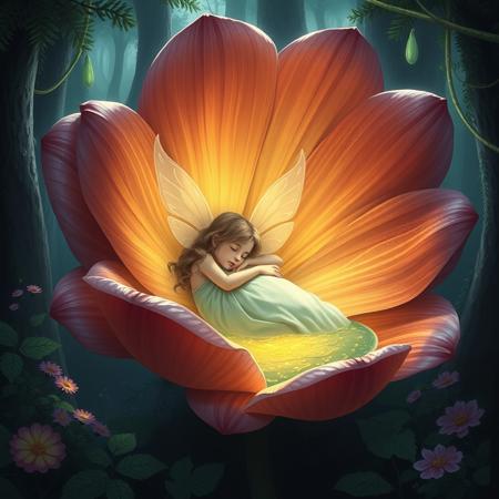 fantasy, girl sleeping inside a giant flower, pool of nectar, fairy wings, magical fantasy forest,