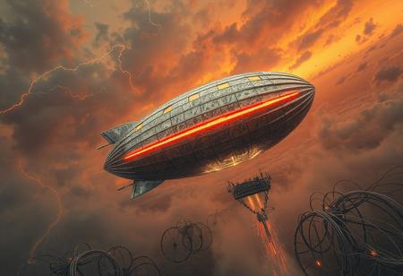 masterpiece, ultra-detailed, dutch angle view of a trippy zeppelin drifting through tangled circuits, metalic-scale patterns glowing , silver colors, dark-orange sky background, misty clouds, electric stormlight