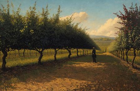 (Vincent Di Fate:0.7), scene painting,scenery,a painting, coppice ,orchard ,vineyard ,