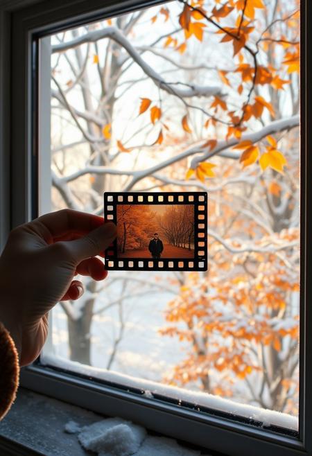 hand holding film strip, winter outside window, snow-covered branches, falling autumn leaves, vivid autumn forest on film, warm sunlight, cinematic contrast, seasonal transition, nostalgic atmosphere, photorealistic style, interactive art, experiential installations, conceptual, large-scale sculptures, viewer participation, food as medium, playful yet provocative, minimalist aesthetics, sensory engagement, contemporary art, social commentary, unexpected materials, performative