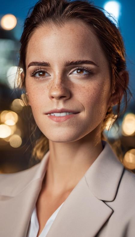 portrait of skswoman, happy , brown eyes, freckles, wearing suit , background city street at night, bokeh, epic (photo, studio lighting, hard light, sony a7, 50 mm, matte skin, pores, colors, hyperdetailed, hyperrealistic) <lora:Emma Watson LoRA SDXL:1.1>