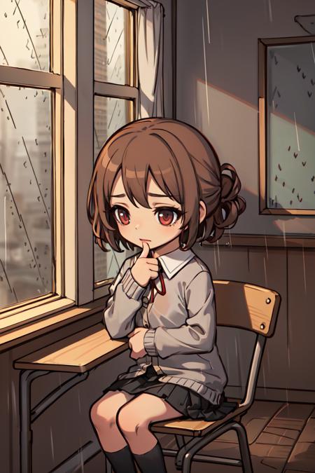 (best quality), (masterpiece), (chibi), 1girl, blink, school uniform, in classroom, sit on chair, next to window, perfect face, (rainy weather outside the window:1.3),hand to chin, chin up, (brown hair), medium hair, hair tied with red cloth, black eyes, (looking away:1.2), side view, Cardigan, black skirt