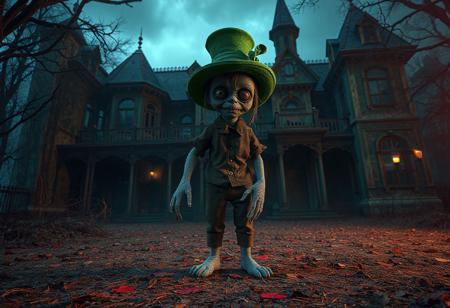"A surreal concept art scene featuring Doll Monster Miss Mädchen, a gray creature with a green hat, standing on all fours in a brown shirt and pants. Set against the eerie backdrop of the Mansion of the Dreadful Dolls, the vibrant contrast between the gray figure and the mansion creates a haunting atmosphere. The composition is meticulously detailed, with sharp lines, stunning colors, and impeccable balance. Rendered in hyper-realistic 3D with Octane Render, the scene showcases lifelike details, captivating lighting, and harmonious tones. Inspired by contemporary aesthetics and Grammer Effect Style, the image conveys vivid emotions and a powerful message. Trending on ArtStation, 4K, ultra-detailed, and impeccably composed."