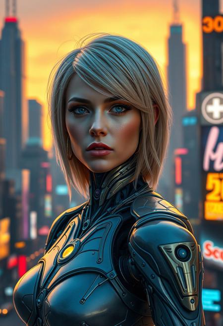 a striking cybernetic blonde woman, stands confidently in a futuristic cityscape at sunset. Soft, even lighting casts a warm glow on her features, accentuating the intricate details of her cybernetic robot attire. Her face, a masterwork of precision and beauty, is framed by medium-length portrait proportions. Eyes gleam with intensity as she surveys the neon-lit metropolis behind her, where towering skyscrapers and holographic advertisements blur into a futuristic haze.