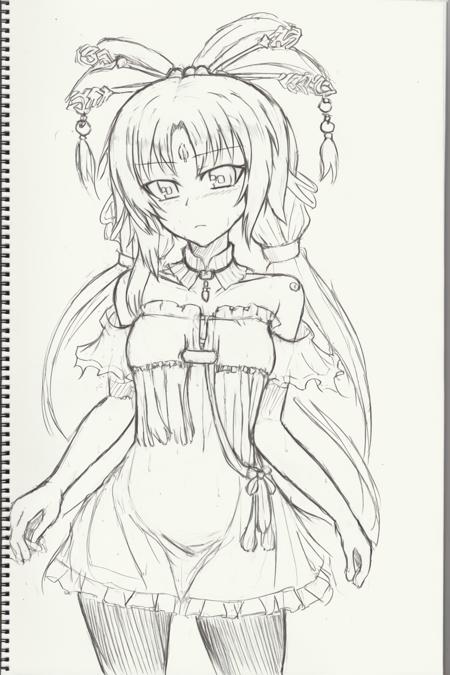 <lora:style18-v2:1>,sketch, greyscale, monochrome, traditional media,<lora:fuxuan-mver:1>,1girl,long hair,twintails,hair rings,hair ornament,forehead jewel,brown eyes,detached collar,dress,bare shoulders, tassel,pantyhose,