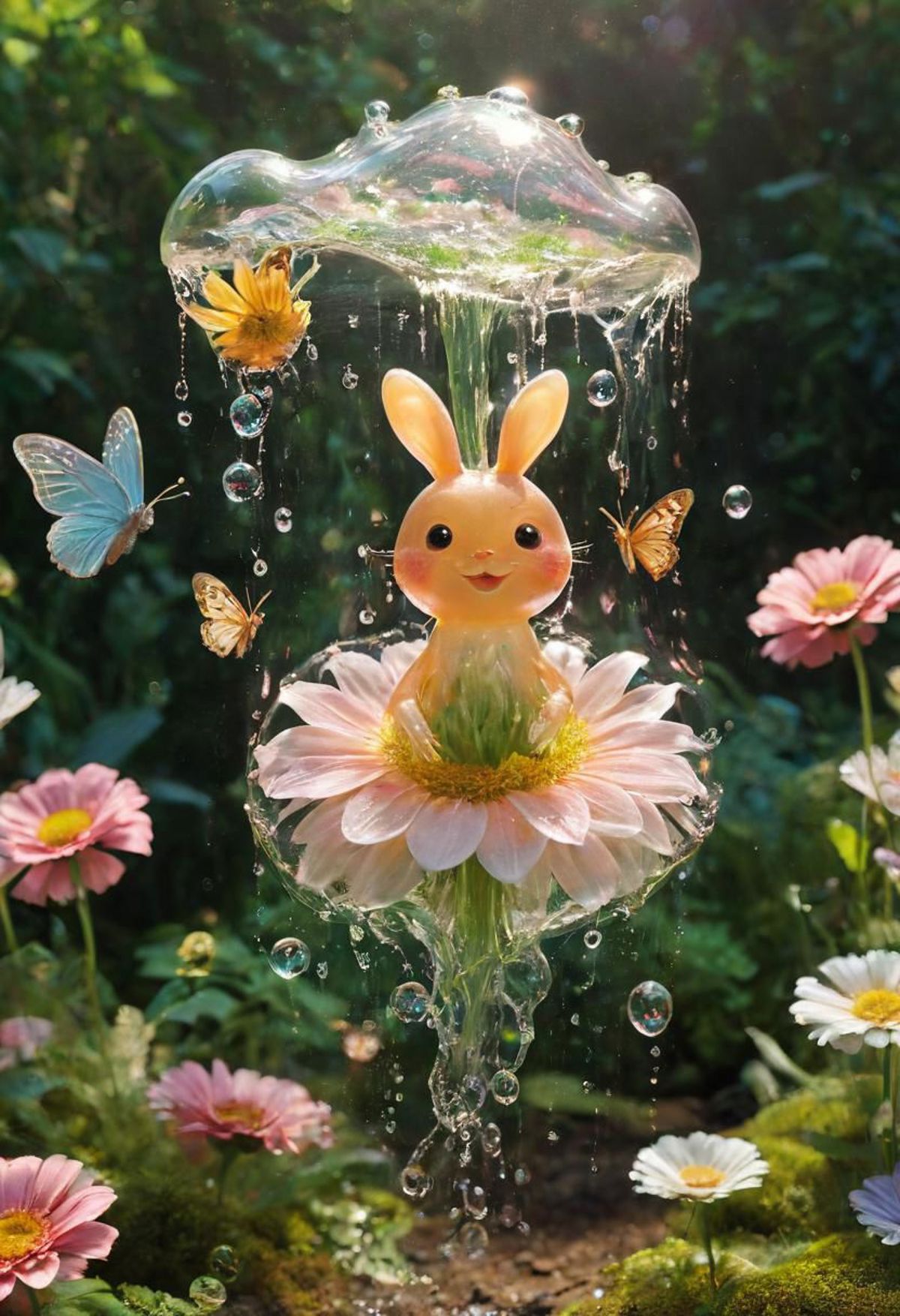 A Rabbit Figurine Sitting in a Flower Garden with Butterflies and Bubbles