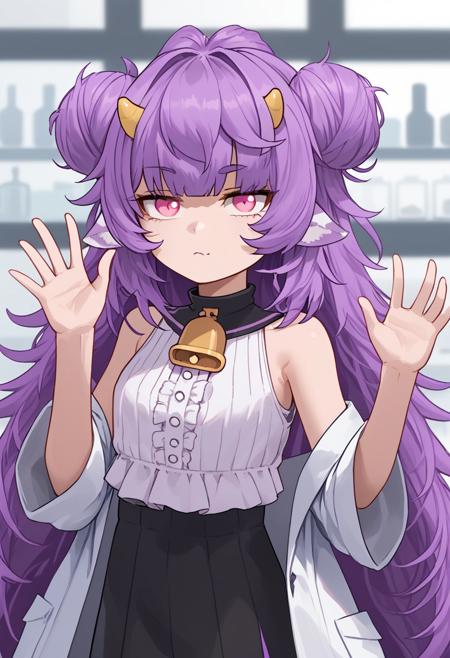 Muu_Muyu, purple hair, long hair, hair bun, animal ears, double bun, horns, very long hair, pink eyes, bangs, messy hair neck bell, white shirt, sleeveless shirt, black skirt, lab coat, off shoulder, ribbed shirt, frills