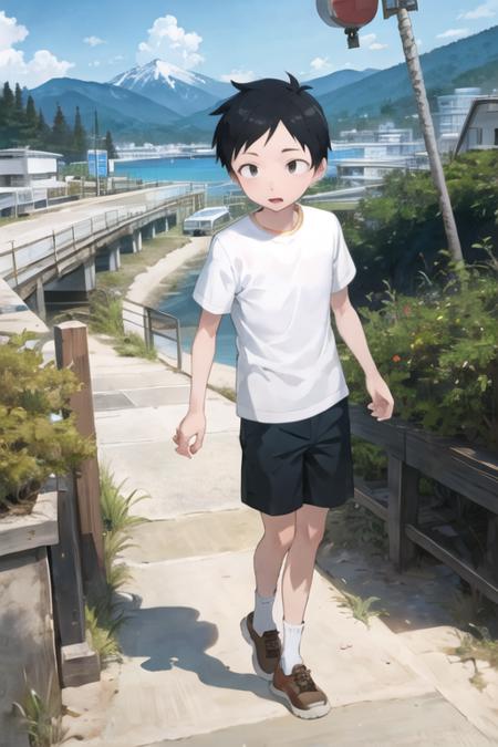 1boy, nishikata, black eyes, sanpaku, shirt, short pants, , city, beach, forest, mountain <lora:nishikata:0.7>