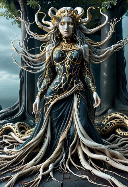 masterpiece, absurdres, best quality, amazing quality, ultra-detailed, newest, extremely detailed, very aesthetic, 
rating_safe, source_anime, 
BREAK, 
1girl, medusa, beautiful Medusa, a Gorgon, long hair, serpentine hair, snake hair, each snake with glowing eyes, 
hair made of tree, hair made of PG-TR, PG-TR, 
spiderweb, cobweb, 
golden eyes, glowing eyes, alluring and menacing, crown of serpents, 
dress, qu4ntum dress, silver circuits, exhaust pipe, black and gold pipe, digital circuits, 
tattered gown made from dark mystical fabrics, 
pale skin, marble-like hue, shimmering in the moonlight, 
Around her, statues of former victims stand frozen in place, and the air is thick with an ominous aura.