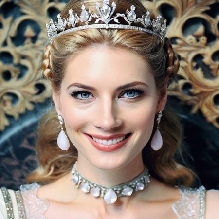 (Skin texture),High quality,Closeup face portrait photo, analog, film grain, actress dressed as a medieval queen with a delicate diamond tiara,regal, bright smile,  katxwinnick,   <lora:katwinnick_juggerX_xl_1_st_wocap-katxwinnick-000061:1>