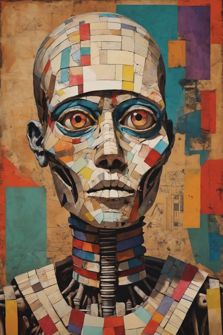 mechanical miserable mummy, mixed media collage, fauvism,painterly,geometric,constructivism,minimnalist