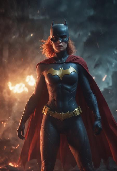 High resolution ultra-realistic of beautiful realistic Batgirl fighting against alien invasion, cinematic style, standing on a bloody and stormy battlefield in a fighting pose, bloody massacre, realistic modern combat costume, black mask, red cape, perfect athletic figure, wavy red hair, handsome dirty bloody face, beautiful perfect detailed pupils, wet oily shiny skin, covered in dirt and blood, beautiful firm Breasts, defiant and seductive, sexy 20 year old girl, 8k resolution concept art portrait by Greg Rutkowski, Dark Gotham City, realistic blue eyes, full body, Artgerm, WLOP, Alphonse Mucha, dynamic lighting, hyperdetailed, intricately detailed, Splash art trending on Artstation triadic colors, Unreal Engine, 5 volumetric lighting, Cinematic Lighting, intricate, smooth, sharp focus digital painting, Asymmetrical Balance, painting, dynamic lighting