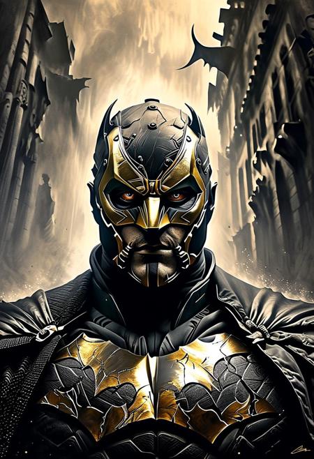 black pencil shading, charcoal drawing, tinted paper, pencil drawing, brutal dark b/w color scheme, golden patterns,
A striking, dark fantasy portrait of Bane, the notorious antagonist from the Batman universe, rendered in a captivating dark-punk style. The infamous villain's massive frame is engulfed in darkness, with his menacing silhouette dominating the scene. The intricate details of his mask reveal scars and shadows, painting a vivid picture of his tormented past. His piercing eyes blaze with intensity, gazing into the abyss and symbolizing the chaos and destruction that lurks in the night. This powerful artwork encapsulates Bane's mysterious persona, drawing viewers into the depths of Gotham's shadows and inviting them to confront the darkness that lies within. The poster-sized image serves as a potent visual reminder of the battle between good and evil, challenging the viewer to consider the darkness that resides within themselves., conceptual art, cinematic, dark fantasy, poster