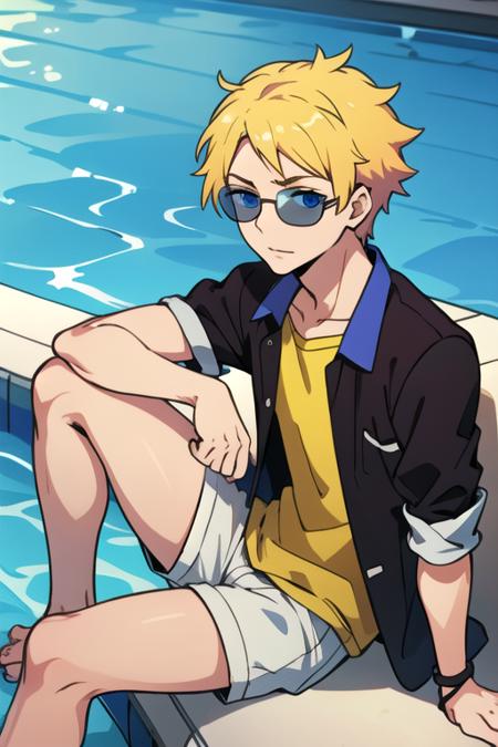 masterpiece, best quality, game cg, 1boy, solo, male focus, looking at viewer, , , , , <lora:birthday_hamatora:0.70>, birthday_hamatora, blonde hair, blue eyes, sunglasses, , poolside,