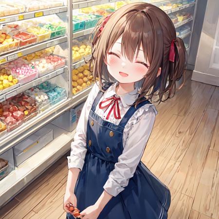 1 girl, high quality, detailed, early teen, looking at viewer, from above, brown hair, knotted hair, (happy:1.2), closed both eyes, :d, ask for sweets, Hold sweets with both hands, pinafore dress, candy shop