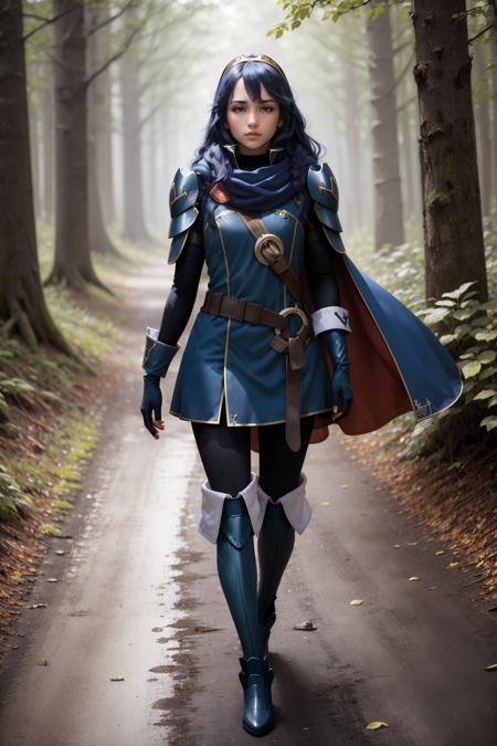 masterpiece, best quality,  <lora:lucina-nvwls-v2:0.9> defLucy, tiara, cape, blue scarf, blue coat, shoulder armor, long sleeves, belt, fingerless gloves, black pantyhose, thigh boots, walking, looking at viewer, serious, hand to own chest, forest