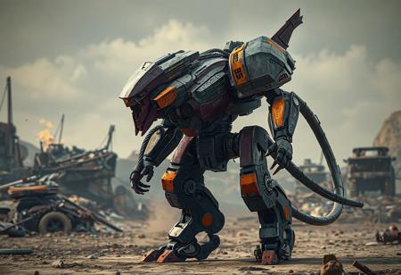 Intricate Martial Metal Marcher robot, deep purple and gray chassis with vibrant orange and red accents, large visored head, streamlined body, weaponized limbs, long slender tail, in an assertive, dynamic battle pose, one arm extended forward, standing tall in a desolate, gritty junk land wasteland, dramatic cinematic lighting, sharp focus, ultra detail, 4K, matte painting, Octane Render, Unreal Engine 5, complex composition, trending on Artstation, CGSociety, golden ratio.