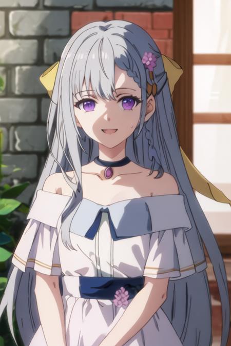 best quality, masterpiece, highres, solo, {euphyllia_magenta_tenseioujototensaireijounomahoukakumei:1.15}, purple_eyes, long_hair, bangs, grey_hair, braid, bow, blurry, hair_bow, hair_ornament, 1girl, bare_shoulders, choker, collarbone, flower, hair_flower, open_mouth, looking_at_viewer, off_shoulder, sweatdrop, brick_wall, dress, smile, off-shoulder_dress, upper_body