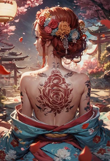 score_9, score_8_up, score_7_up, Japanese teenage girl, floral kimono, exposed shoulders, from behind, beautiful face, thick eyelashes, glossy eyes, auburn hair, cute smile, dark eyeshadow, shoulders tattoos, back tattoos, floral decoration in hair, falling petals, beautifully backlit, wideshot