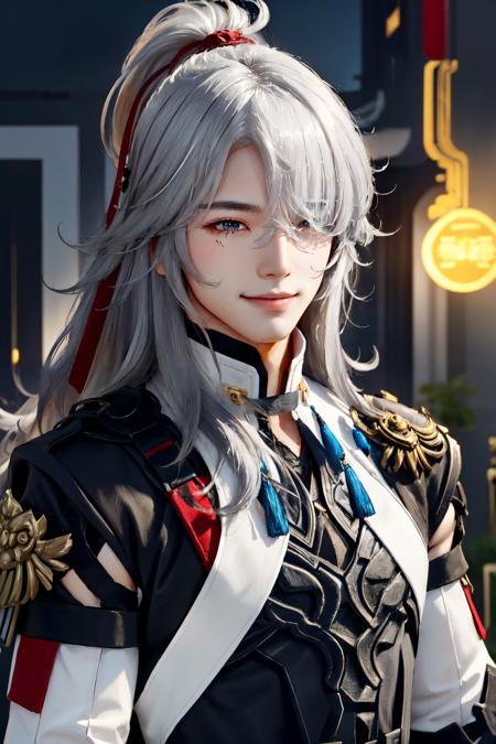 jing yuan(hsr), hair over one eye, 1boy, long hair, white hair, closed mouth, solo, upper body, looking at viewer, smile, male focus,  yellow eyes , 