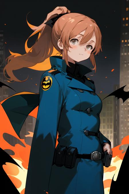 <lora:nanananana-000005:1>, by nanananana, young lady, defiance, long hair, ponytail, officer uniform, coat, villain in batman story, female executive, chuunibyou,
standing, upper body,
street, gotham city, (cyberpunk:0.6), burning