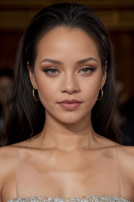 masterpiece, best quality, cinematic, volumetric lighting, very detailed, high resolution, sharp, sharp image, 4k, 8k, 35 mm,
<lora:Rihanna_smf_lora_v2e7m01:0.9>, 1girl, r1h4n2a-smf, solo, jewelry, earrings, long hair, lips, black hair, brown eyes, realistic, blurry, makeup, portrait, eyelashes, collarbone, upper body, eyebrows, eyeshadow,  photorealistic, nose, closed mouth, lipstick, bare shoulders, face, parted lips, brown hair, eyeliner, ((dress)), vogue magazine