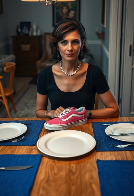 ((highly detailed skin:1.2)), 8k uhd, dslr, Fujifilm XT3, highest quality, masterpiece, photorealistic, detailed skin texture, (highly detailed hair), sharp body, ultra realistic face.
woman sitting at dining room table. she is ready to eat, the room is decorated like a family home from the 1960's. she is dressed for a fancy diner party, black dress and nice jewelry, the table is natural colored oak. on the table are four blue placemats. on the placemats there are very large white plates. on either side of the plates there are a knife and a fork.
She is about to eat a shoe. (((There is a one pink Vans deck sneaker on the plate in front of her))). there is no food on the plates. (((Vans sneaker))), (((one sneaker on the plate))), (((eating one sneaker))), sneaker instead of food, sneaker for dinner, (((actual size sneaker on the plate))), she is about to eat a sneaker on the plate, there is one sneaker on the plate, a plate with a sneaker for dinner, (((the sneaker on her plate is her dinner))), (((the food is her sneaker))), she is serving the sneaker for dinner, she is sitting on the table, she has her sneakers on a plate and is ready to eat it