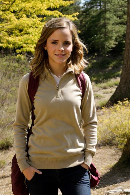 Photograph of emma2009 woman, hiking outdoors, warm spring day, hiking clothes, 3/4 shot. <lora:EmmaWatson09-10_v1.0.1b-Realvis:0.7>