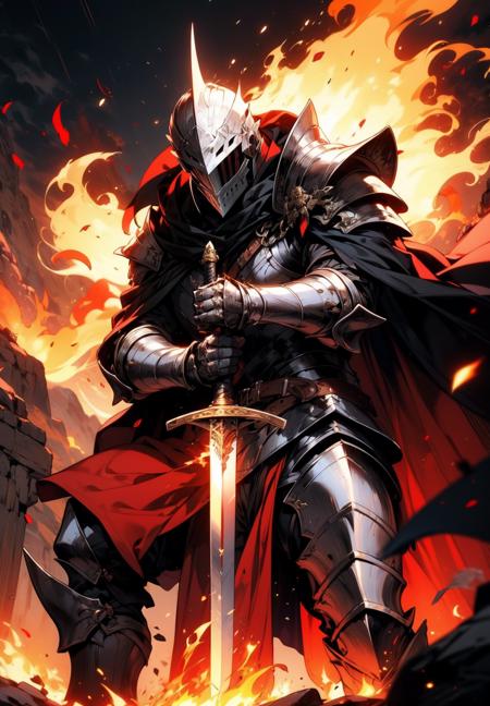 solo, 1boy, holding, weapon, male focus, sword, black cape, holding weapon, armor, holding sword, helmet, fire, gauntlets, knight, full armor, gauntlets, black armor, embers