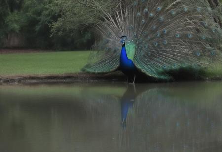"A peacock standing proudly under a tree, 
unaware of the storm approaching, 
still admiring his reflection in the water."