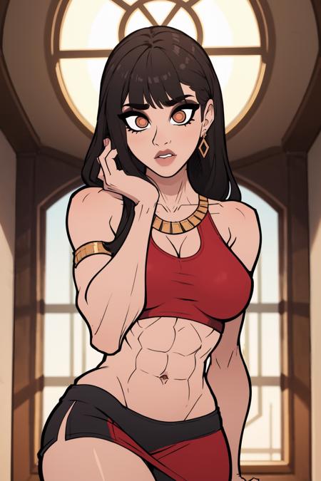 (masterpiece, best quality:1.2), <lora:tobinge:.9>, tobinge, 1girl, navel, solo, breasts, black hair, earrings, bangs, abs, long hair, jewelry, large breasts, looking at viewer, blunt bangs, brown eyes, hand on own face, lips, midriff, egyptian, toned, hand on own cheek, makeup, pelvic curtain, thighs, day, bare shoulders, tan,