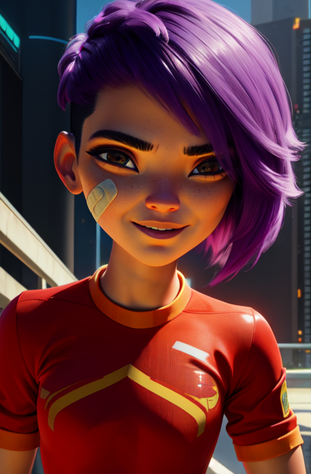 mai, short hair, bandaid on face, purple hair,  hair over one eye,  brown eyes, 
red sweater,  orange shorts,  kneehighs,  
standing, upper body,  
cyberpunk, soccer field,  morning,   light smile, 
(insanely detailed, beautiful detailed face,beautiful detailed eyes, masterpiece, best quality) 
 <lora:maisu:0.7>