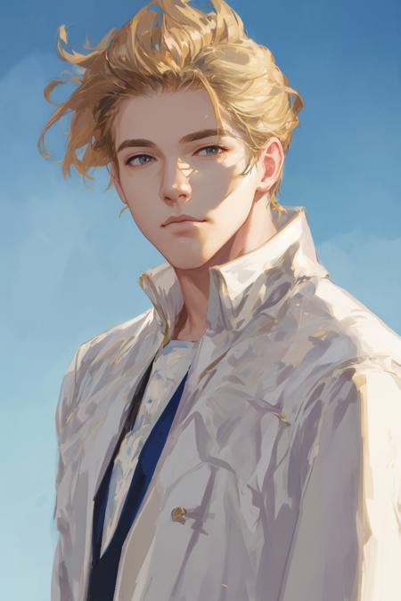 masterpiece, best quality, realistic, 1man, male focus, mature, tall muscular, handsome, [thick eyebrows], portrait, extremely detailed face, (blonde hair), (long hair), casual clothes, blue sky