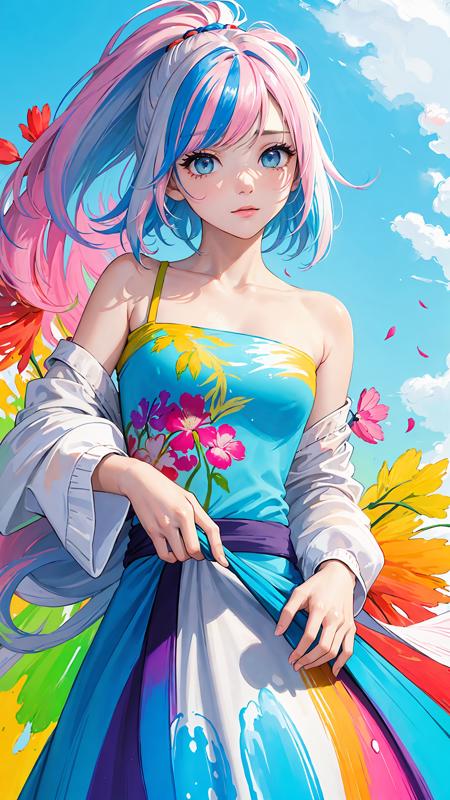 （Pink Fashion T-shirt：1.9），(Colorful hair: 1.8), (all the colours of the rainbow: 1.8),(((((vertical painting：1.6))), （painting：1.6），front, comics, illustrations, paintings, large eyes, crystal clear eyes,（ rainbow color gradient high ponytail：1.7）, exquisite makeup, closed mouth,(Small Fresh: 1.5),(Wipe Chest: 1.6) ，long eyelashes, white off shoulder T-shirt,  White Shoulder Shirt，looking at the audience, large watery eyes, (rainbow colored hair：1.6), color splash, （solo：1.8）, color splash, color explosion, thick paint style, messy lines, ((shining))，(colorful), (colorful), (colorful), colorful, Thick Paint Style, (Splash) (Color Splash), Vertical Painting, Upper Body, Paint Splash, Acrylic Pigment, Gradient, Paint, Highest Image Quality, Highest Quality, Masterpiece, Solo, Depth of Field, Face Paint,  colorful clothes, (Elegant: 1.2), gorgeous,long hair, wind, (Elegant: 1.3), (Petals: 1.4)，(((masterpiece))),(((best quality))),((ultra-detailed)),(illustration),(dynamic angle),((floating)),(paint),((disheveled hair)),(solo),(1girl) , (((detailed anima face))),((beautiful detailed face)),collar,bare shoulders,white hair, ((colorful hair)),((streaked hair)),beautiful detailed eyes,(Gradient color eyes),(((colorful eyes))),(((colorful background))),(((high saturation))),(((surrounded by colorful splashes))), 


