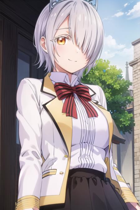 chartreuxwestia, <lora:chartreux westia s1-lora-nochekaiser:1>,
chartreux westia, short hair, bangs, (yellow eyes:1.3), grey hair, (hair over one eye:1.5), smile,
BREAK skirt, shirt, bow, school uniform, jacket, white shirt, striped, bowtie, black skirt, red bow, white jacket, tiara, striped bow,
BREAK indoors, classroom,
BREAK looking at viewer, (cowboy shot:1.5),
BREAK <lyco:GoodHands-beta2:1>, (masterpiece:1.2), best quality, high resolution, unity 8k wallpaper, (illustration:0.8), (beautiful detailed eyes:1.6), extremely detailed face, perfect lighting, extremely detailed CG, (perfect hands, perfect anatomy),