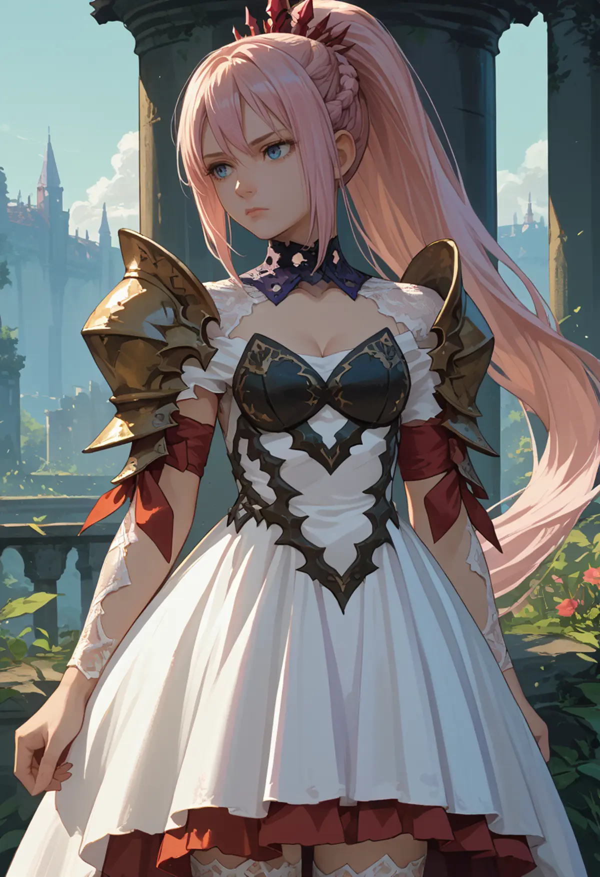 A young woman with pink hair styled in a ponytail. She is wearing a white dress with black, red, and gold accents, including armor-like details on her shoulders and chest. The dress has a high collar and a cutout on the chest. She is standing in a fantasy setting, with a backdrop of a castle and a cloudy sky. 