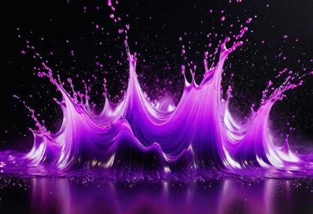 Glitter mist. Paint water splash. Magic spell. Purple color gradient shiny vapor veil wave on black abstract art background with free space.