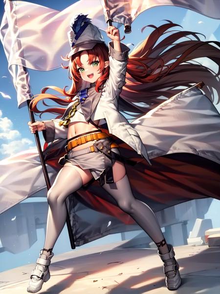 masterpiece, best quality, <lora:mtl (7):1>, Myrtleuniform, holding flag, dynamic angle, a fluttering flag, hat, multicolored background, dynamic color, colorful, effect, full body, clear sky