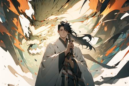 masterpiece,(masterpiece, top quality, best quality),solo, weapon, male focus, sword, long hair, white background, fur trim, sheath, holding, black hair, simple background, holding weapon, wide sleeves, sheathed, looking at viewer, standing, holding sword, tassel, long sleeves, closed mouth, 1boy, chinese clothes, hanfu