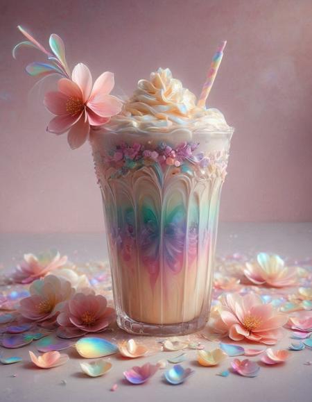 sakura cream milk ice shake frappe, p1nk1r1fl0wers, made out of iridescent flower petals, high quality, masterpiece <lora:PinkieIriFlwrsSDXL:1>