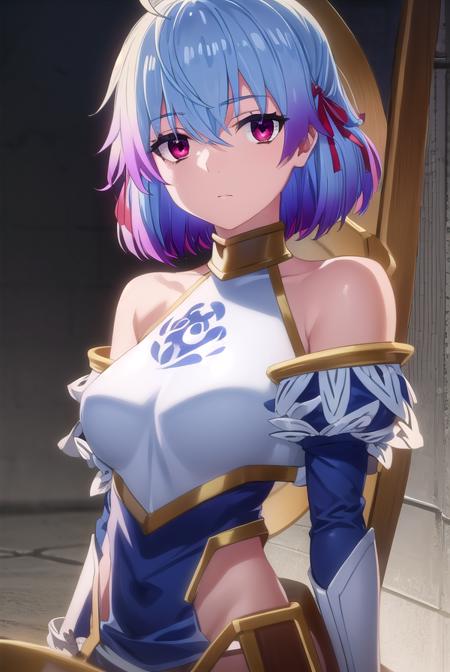 rutiragnason, <lora:ruti ragnason s1-lora-nochekaiser:1>,
ruti ragnason, short hair, (red eyes:1.3), ribbon, blue hair, hair ribbon, ahoge,
BREAK dress, bare shoulders, detached sleeves, armor, breastplate,
BREAK outdoors,
BREAK looking at viewer, (cowboy shot:1.5),
BREAK <lyco:GoodHands-beta2:1>, (masterpiece:1.2), best quality, high resolution, unity 8k wallpaper, (illustration:0.8), (beautiful detailed eyes:1.6), extremely detailed face, perfect lighting, extremely detailed CG, (perfect hands, perfect anatomy),