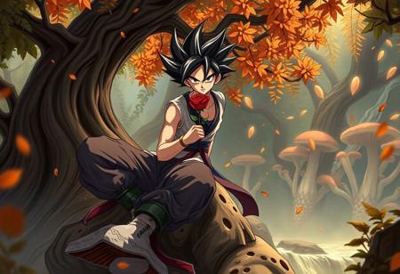 "Create a detailed, goldenn ratio-compliant artwork of two characters from Dragon Ball Super and Quake, posed coolly on an amber pitfall. The characters should be illustrated in a lifelike style with micro details, showcasing one of them holding a rose. The background should feature falling foliage and a fungal environment, with a storybook-inspired aesthetic. The lighting should be dramatic and complementary, with a focus on 8K resolution and global illumination. The artwork should tell a story and be featured on AmiAmi, ArtStation, and Behance, appealing to fans of Eamon Everall, Ilya Kuvshinov, Rossdraws, and Tom Bagshaw."