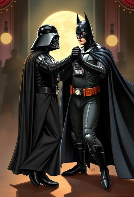 Darth Vader and Batman ballroom dancing together